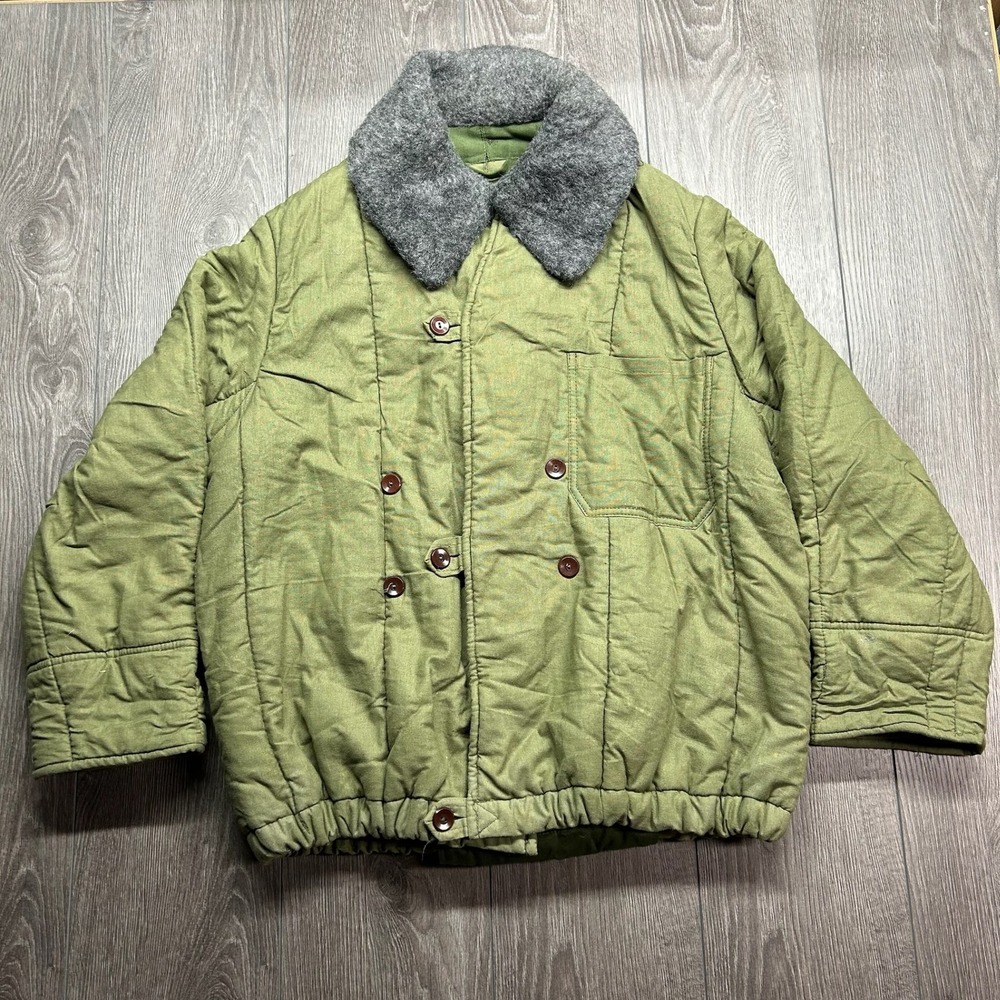 Vintage Soviet Telogreika Quilted Military Jacket Olive Drab Fur Collar Size 50
